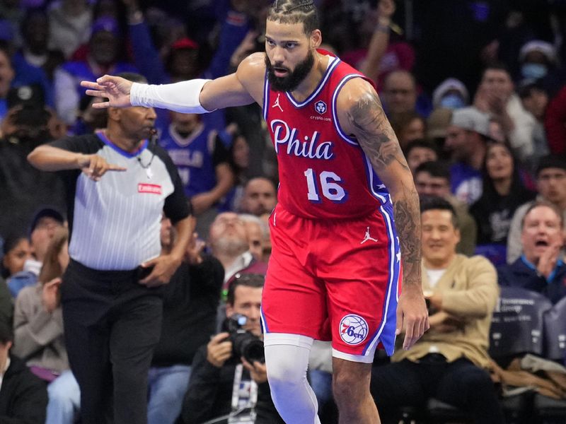 PHILADELPHIA, PA - NOVEMBER 22: Caleb Martin #16 of the Philadelphia 76ers celebrates during the game against the Brooklyn Nets during the Emirates NBA Cup game on November 22, 2024 at the Wells Fargo Center in Philadelphia, Pennsylvania NOTE TO USER: User expressly acknowledges and agrees that, by downloading and/or using this Photograph, user is consenting to the terms and conditions of the Getty Images License Agreement. Mandatory Copyright Notice: Copyright 2024 NBAE (Photo by Jesse D. Garrabrant/NBAE via Getty Images)