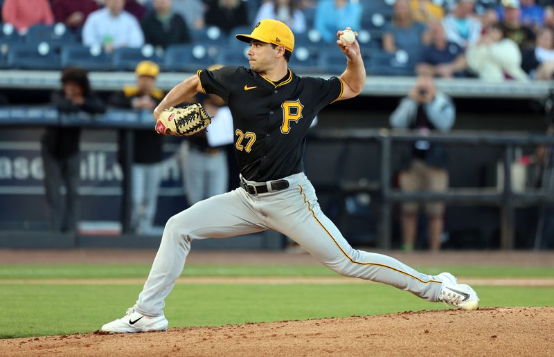 Mar 20, 2024; Tampa, Florida, USA; Pittsburgh Pirates starting pitcher Marco Gonzales (27) throws a pitch during the first inning against the New York Yankees at George M. Steinbrenner Field. Mandatory Credit: Kim Klement Neitzel-USA TODAY Sports