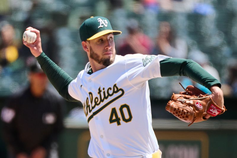 May 5, 2024; Oakland, California, USA; Oakland Athletics pitcher Mitch Spence (40) throws a pitch against the Miami Marlins during the third inning at Oakland-Alameda County Coliseum. Mandatory Credit: Robert Edwards-USA TODAY Sports