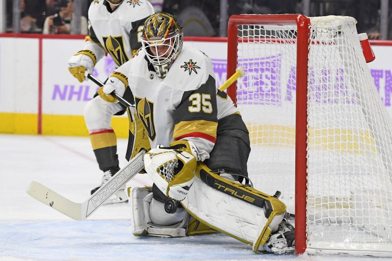 Nov 25, 2024; Philadelphia, Pennsylvania, USA; Vegas Golden Knights goaltender Ilya Samsonov (35) makes a save against the Philadelphia Flyers during the third period at Wells Fargo Center. Mandatory Credit: Eric Hartline-Imagn Images