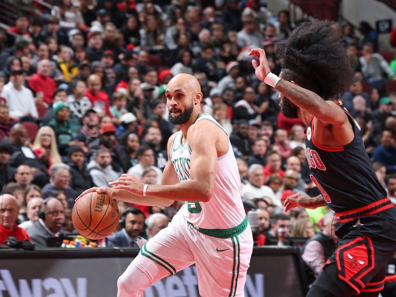 CHICAGO, IL - NOVEMBER 29: Derrick White #9 of the Boston Celtics dribbles the ball during the game against the Chicago Bulls during the Emirates NBA Cup game on November 29, 2024 at United Center in Chicago, Illinois. NOTE TO USER: User expressly acknowledges and agrees that, by downloading and or using this photograph, User is consenting to the terms and conditions of the Getty Images License Agreement. Mandatory Copyright Notice: Copyright 2024 NBAE (Photo by Jeff Haynes/NBAE via Getty Images)