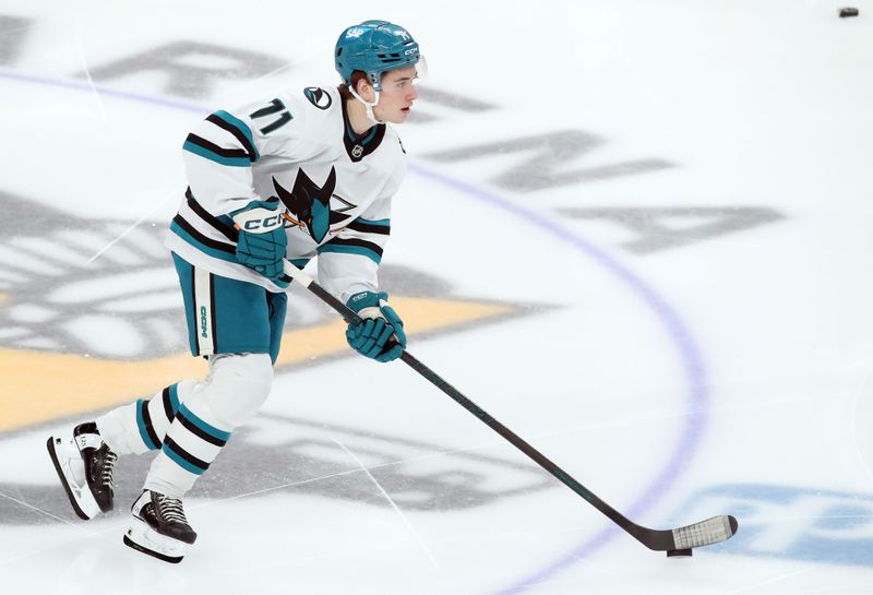 Nov 16, 2024; Pittsburgh, Pennsylvania, USA;  San Jose Sharks center Macklin Celebrini (71) warms up against the Pittsburgh Penguins at PPG Paints Arena. Mandatory Credit: Charles LeClaire-Imagn Images