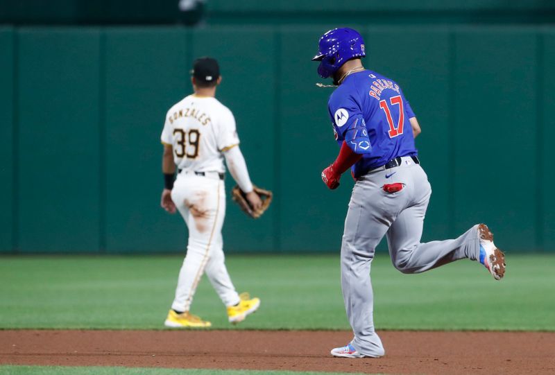 Aug 26, 2024; Pittsburgh, Pennsylvania, USA; Chicago Cubs third baseman Isaac Paredes (17) circles the bases on a solo home run  against the Pittsburgh Pirates during the eighth inning at PNC Park. Mandatory Credit: Charles LeClaire-USA TODAY Sports