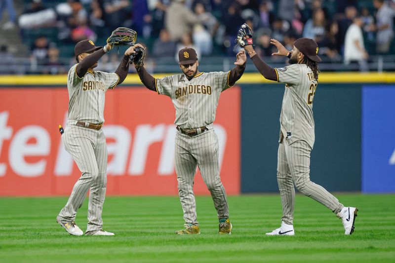 Sep 29, 2023; Chicago, Illinois, USA; San Diego Padres players celebrate after defeating the Chicago White Sox at Guaranteed Rate Field. Mandatory Credit: Kamil Krzaczynski-USA TODAY Sports