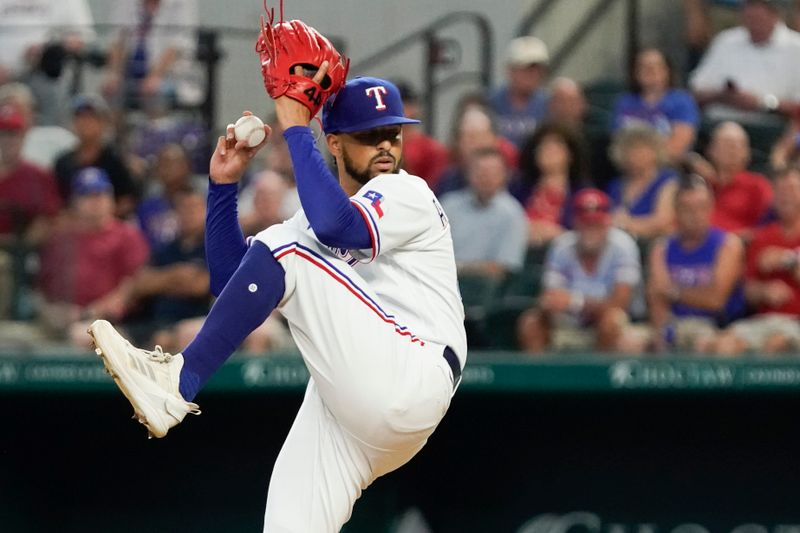 Jun 29, 2023; Arlington, Texas, USA; Texas Rangers relief pitcher Grant Anderson (65) goes into the wind up during the sixth inning against the Detroit Tigers at Globe Life Field. Mandatory Credit: Raymond Carlin III-USA TODAY Sports