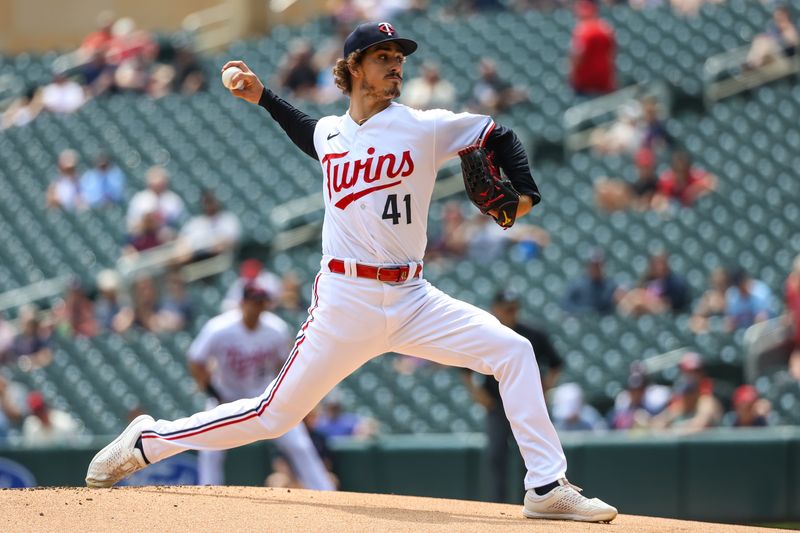 May 24, 2023; Minneapolis, Minnesota, USA; Minnesota Twins starting pitcher Joe Ryan (41) delivers a pitch against the San Francisco Giants during the first inning at Target Field. Mandatory Credit: Matt Krohn-USA TODAY Sports