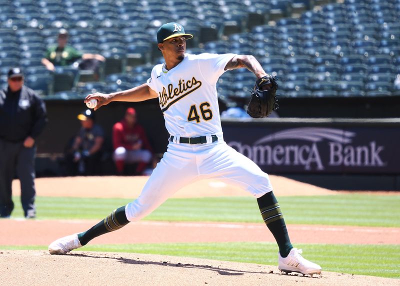 May 17, 2023; Oakland, California, USA; Oakland Athletics starting pitcher Luis Medina (46) pitches the ball against the Arizona Diamondbacks during the first inning at Oakland-Alameda County Coliseum. Mandatory Credit: Kelley L Cox-USA TODAY Sports