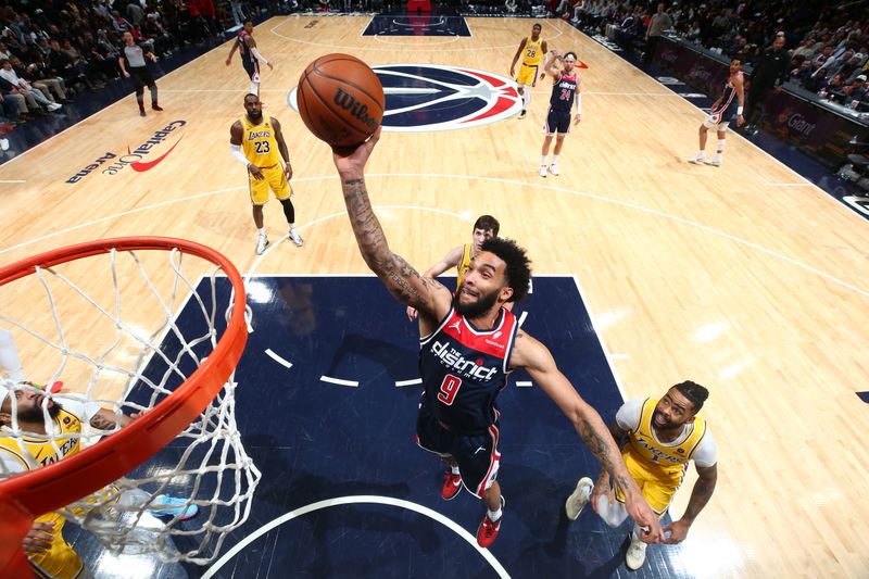 WASHINGTON, DC -? APRIL 3: Justin Champagnie #9 of the Washington Wizards shoots the ball during the game against the Los Angeles Lakers on April 3, 2024 at Capital One Arena in Washington, DC. NOTE TO USER: User expressly acknowledges and agrees that, by downloading and or using this Photograph, user is consenting to the terms and conditions of the Getty Images License Agreement. Mandatory Copyright Notice: Copyright 2024 NBAE (Photo by Stephen Gosling/NBAE via Getty Images)