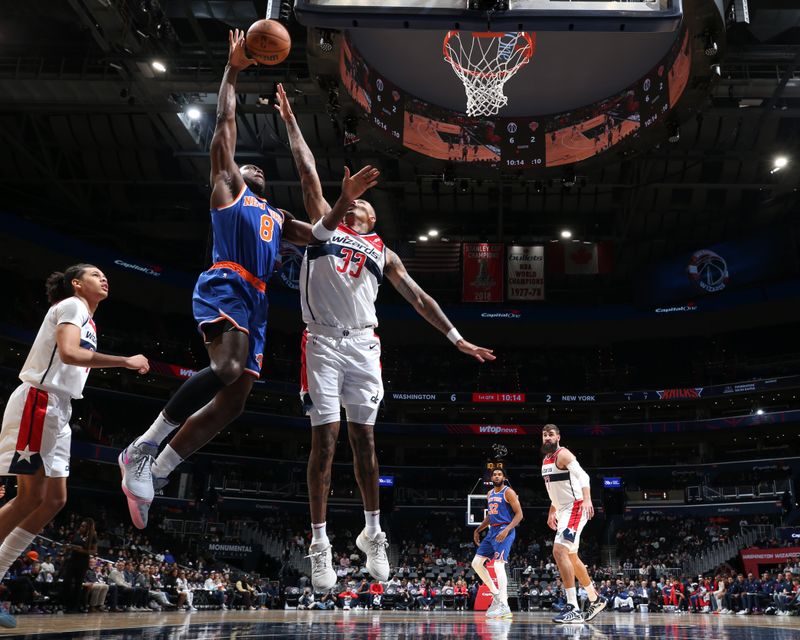 WASHINGTON, DC -? OCTOBER 18: OG Anunoby #8 of the New York Knicks drives to the basket during the game against the Washington Wizards on October 18, 2024 at Capital One Arena in Washington, DC. NOTE TO USER: User expressly acknowledges and agrees that, by downloading and or using this Photograph, user is consenting to the terms and conditions of the Getty Images License Agreement. Mandatory Copyright Notice: Copyright 2024 NBAE (Photo by Stephen Gosling/NBAE via Getty Images)