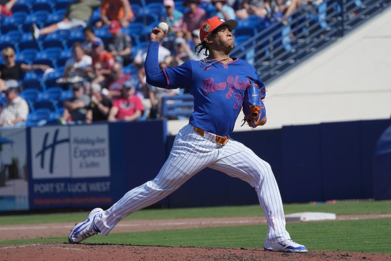 Feb 25, 2026; Port St. Lucie, Florida, USA;  New York Mets pitcher Adbert Alzolay (73) pitches in the fifth inning against the St. Louis Cardinals at Clover Park. Mandatory Credit: Jim Rassol-Imagn Images