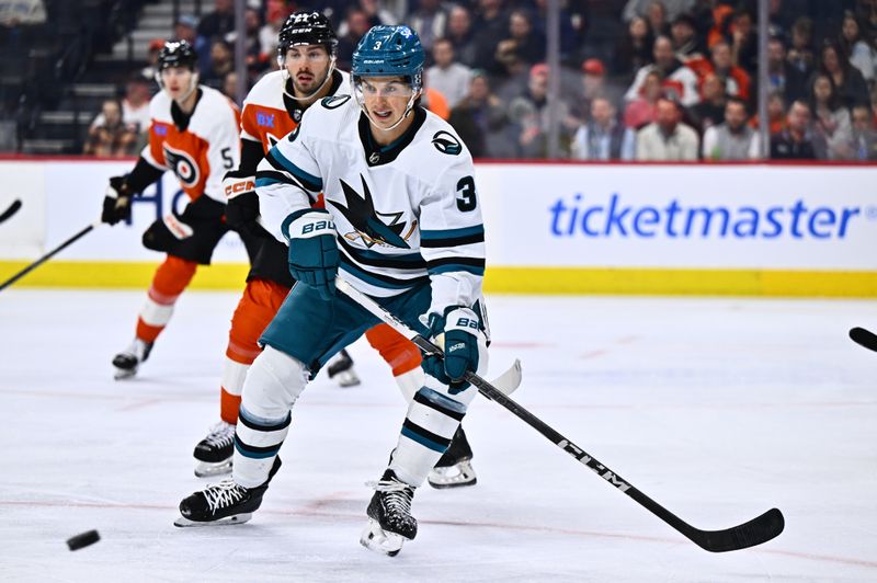 Mar 12, 2024; Philadelphia, Pennsylvania, USA; San Jose Sharks defenseman Henry Thrun (3) watches the puck against the Philadelphia Flyers in the second period at Wells Fargo Center. Mandatory Credit: Kyle Ross-USA TODAY Sports