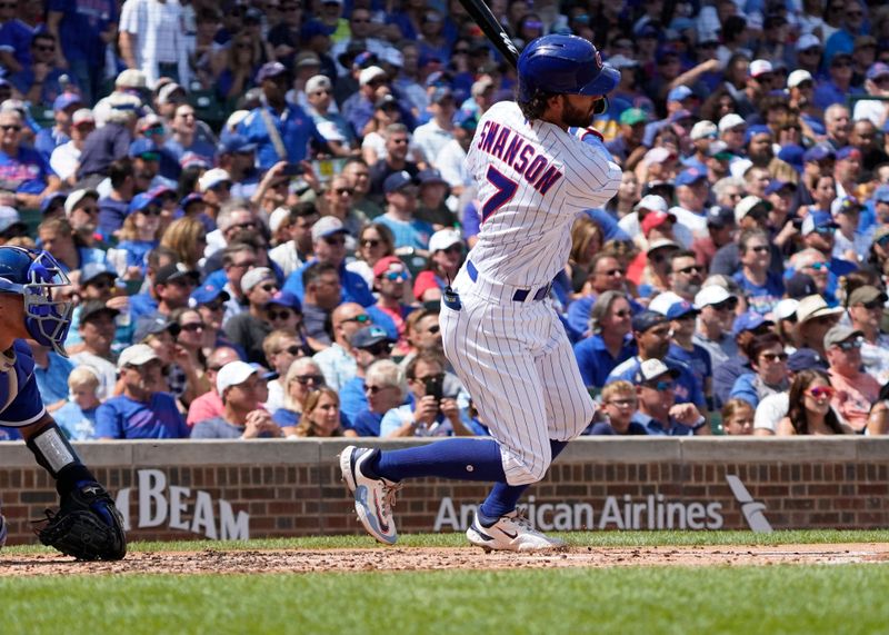 Aug 19, 2023; Chicago, Illinois, USA; Chicago Cubs shortstop Dansby Swanson (7) hits a single against the Kansas City Royals during the first inning at Wrigley Field. Mandatory Credit: David Banks-USA TODAY Sports