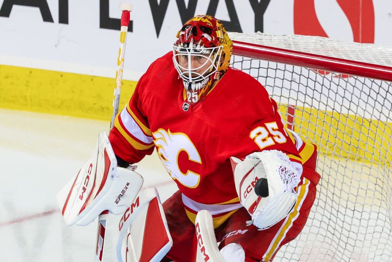 Sep 28, 2022; Calgary, Alberta, CAN; Calgary Flames goaltender Jacob Markstrom (25) guards his net during the warmup period against the Edmonton Oilers at Scotiabank Saddledome. Mandatory Credit: Sergei Belski-USA TODAY Sports