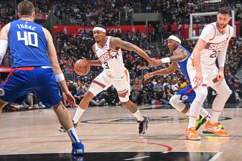 LOS ANGELES, CA - JANUARY 8: Bradley Beal #3 of the Phoenix Suns dribbles the ball during the game against the LA Clippers on January 8, 2024 at Crypto.Com Arena in Los Angeles, California. NOTE TO USER: User expressly acknowledges and agrees that, by downloading and/or using this Photograph, user is consenting to the terms and conditions of the Getty Images License Agreement. Mandatory Copyright Notice: Copyright 2024 NBAE (Photo by Andrew D. Bernstein/NBAE via Getty Images)