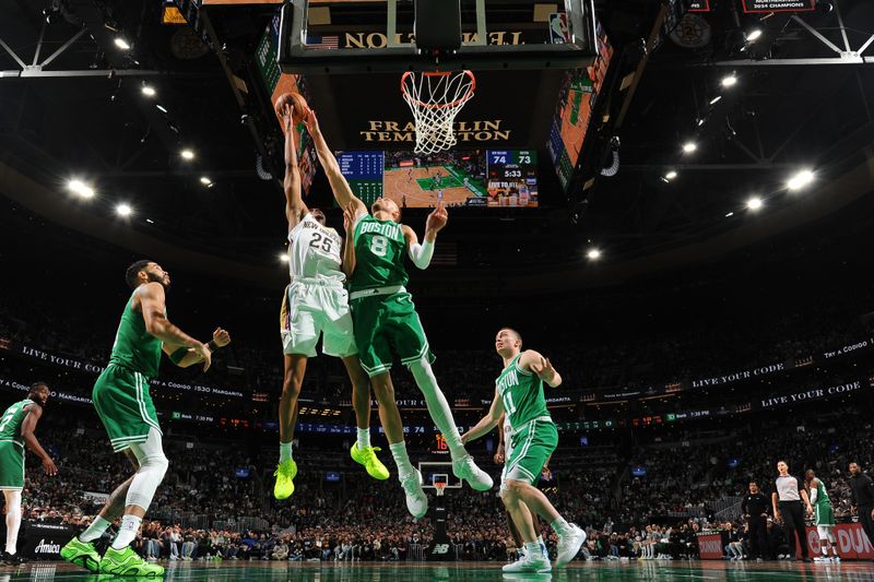 BOSTON, MA - JANUARY 12: Kristaps Porzingis #8 of the Boston Celtics blocks a shot during the game against the New Orleans Pelicans on January 12, 2025 at TD Garden in Boston, Massachusetts. NOTE TO USER: User expressly acknowledges and agrees that, by downloading and/or using this Photograph, user is consenting to the terms and conditions of the Getty Images License Agreement. Mandatory Copyright Notice: Copyright 2025 NBAE (Photo by Brian Babineau/NBAE via Getty Images)