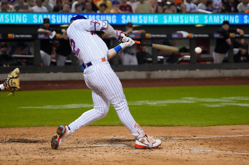 Jul 2, 2023; New York City, New York, USA; New York Mets third baseman Brett Baty (22) hits a single against the San Francisco Giants during the fifth inning at Citi Field. Mandatory Credit: Gregory Fisher-USA TODAY Sports