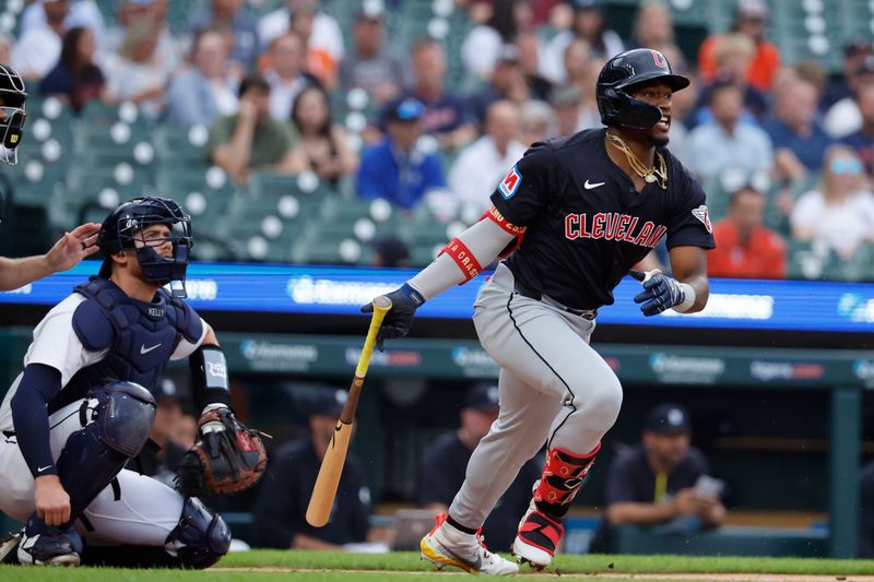 Jul 9, 2024; Detroit, Michigan, USA; Cleveland Guardians Angel Martínez (1) hits a home run in the first inning against the Detroit Tigers at Comerica Park. Mandatory Credit: Rick Osentoski-USA TODAY Sports