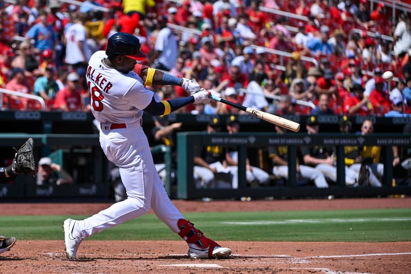 Sep 3, 2023; St. Louis, Missouri, USA;  St. Louis Cardinals right fielder Jordan Walker (18) hits a solo home run against the Pittsburgh Pirates during the third inning at Busch Stadium. Mandatory Credit: Jeff Curry-USA TODAY Sports