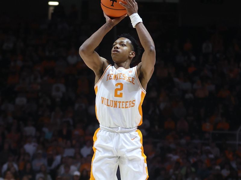 Nov 14, 2023; Knoxville, Tennessee, USA; Tennessee Volunteers guard Jordan Gainey (2) shoots a three pointer against the Wofford Terriers during the first half at Thompson-Boling Arena at Food City Center. Mandatory Credit: Randy Sartin-USA TODAY Sports