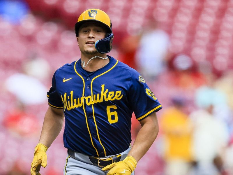 Jun 4, 2025; Cincinnati, Ohio, USA; Milwaukee Brewers outfielder Isaac Collins (6) runs the bases after hitting a three-run home run in the ninth inning against the Cincinnati Reds at Great American Ball Park. Mandatory Credit: Katie Stratman-Imagn Images