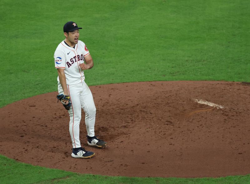 Sep 19, 2024; Houston, Texas, USA; Houston Astros starting pitcher Yusei Kikuchi (16) reacts after striking out the Los Angeles Angels to end the fifth inning with the Angels leaving a man on base at Minute Maid Park. Mandatory Credit: Thomas Shea-Imagn Images