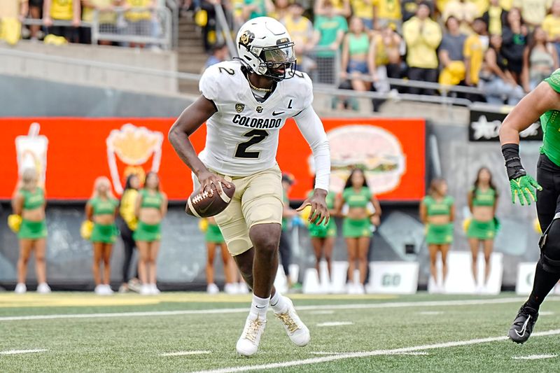 Sep 23, 2023; Eugene, Oregon, USA; Colorado Buffaloes quarterback Shedeur Sanders (2) looks to throw during the first half against the Oregon Ducks at Autzen Stadium. Mandatory Credit: Soobum Im-USA TODAY Sports