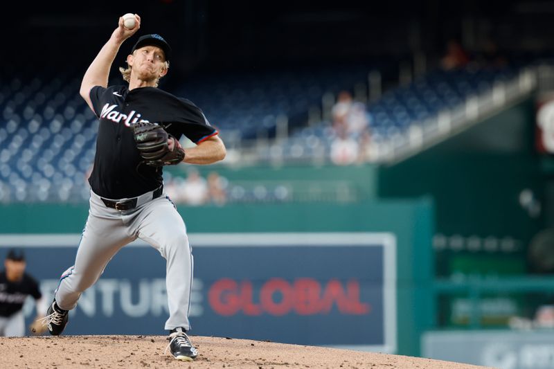 Sep 12, 2024; Washington, District of Columbia, USA; Miami Marlins starting pitcher Darren McCaughan (68) pitches /Wednesday/ during the first inning at Nationals Park. Mandatory Credit: Geoff Burke-Imagn Images