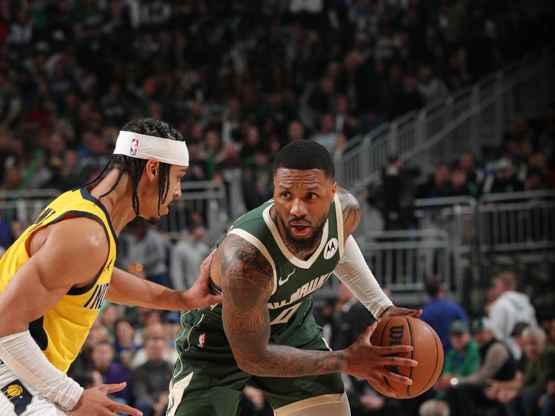 MILWAUKEE, WI - APRIL 21: Damian Lillard #0 of the Milwaukee Bucks looks to pass the ball during the game against the Indiana Pacers during Round 1 Game 1 of the 2024 NBA Playoffs on April 21, 2024 at the Fiserv Forum Center in Milwaukee, Wisconsin. NOTE TO USER: User expressly acknowledges and agrees that, by downloading and or using this Photograph, user is consenting to the terms and conditions of the Getty Images License Agreement. Mandatory Copyright Notice: Copyright 2024 NBAE (Photo by Gary Dineen/NBAE via Getty Images).