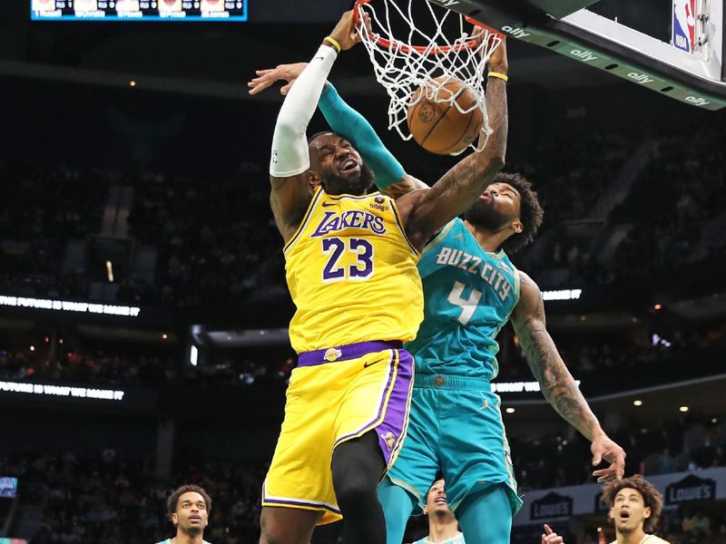 CHARLOTTE, NC - FEBRUARY 5: LeBron James #23 of the Los Angeles Lakers dunks the ball during the game against the Charlotte Hornets on February 5, 2024 at Spectrum Center in Charlotte, North Carolina. NOTE TO USER: User expressly acknowledges and agrees that, by downloading and or using this photograph, User is consenting to the terms and conditions of the Getty Images License Agreement.  Mandatory Copyright Notice:  Copyright 2024 NBAE (Photo by Brock Williams-Smith/NBAE via Getty Images)