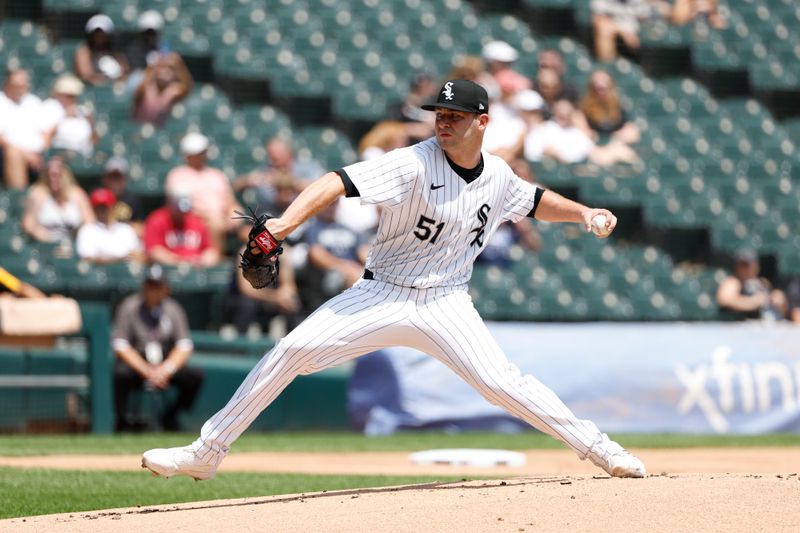 Jul 14, 2024; Chicago, Illinois, USA; Chicago White Sox starting pitcher Jared Shuster (51) delivers a pitch against the Pittsburgh Pirates during the first inning at Guaranteed Rate Field. Mandatory Credit: Kamil Krzaczynski-USA TODAY Sports