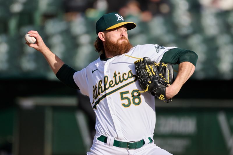 May 4, 2024; Oakland, California, USA; Oakland Athletics starting pitcher Paul Blackburn (58) throws a pitch against the Miami Marlins during the sixth inning at Oakland-Alameda County Coliseum. Mandatory Credit: Robert Edwards-USA TODAY Sports