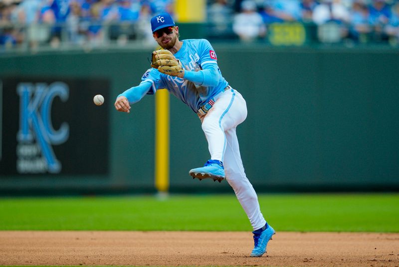 May 8, 2025; Kansas City, Missouri, USA; Kansas City Royals shortstop Bobby Witt Jr. (7) throws to first base during the fifth inning against the Chicago White Sox at Kauffman Stadium. Mandatory Credit: Jay Biggerstaff-Imagn Images