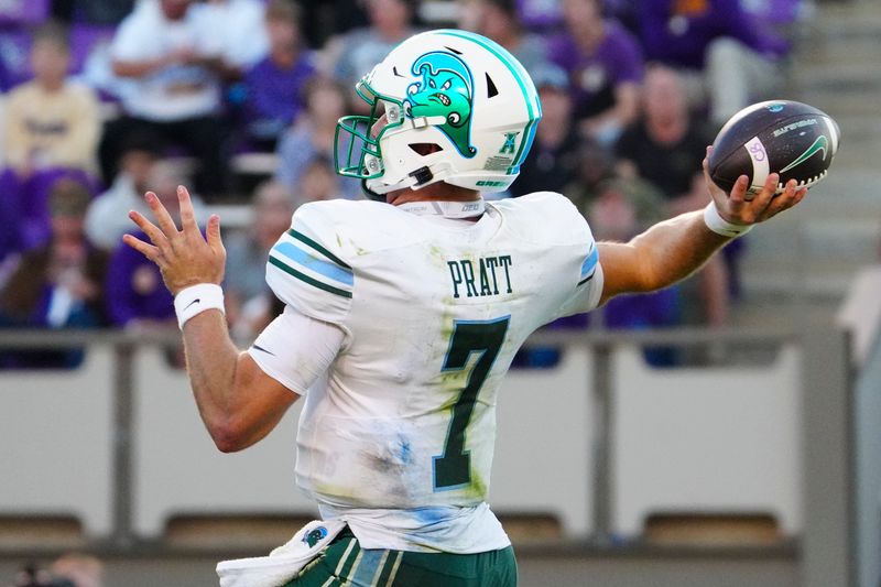 Nov 4, 2023; Greenville, North Carolina, USA;  Tulane Green Wave quarterback Michael Pratt (7) throws the ball against the East Carolina Pirates during the second half at Dowdy-Ficklen Stadium. Mandatory Credit: James Guillory-USA TODAY Sports