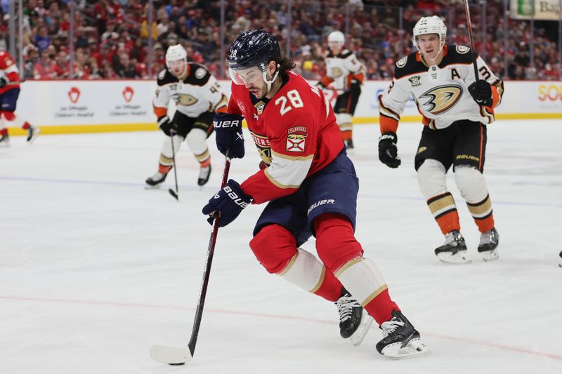 Jan 15, 2024; Sunrise, Florida, USA; Florida Panthers defenseman Josh Mahura (28) moves the puck against the Anaheim Ducks during the first period at Amerant Bank Arena. Mandatory Credit: Sam Navarro-USA TODAY Sports