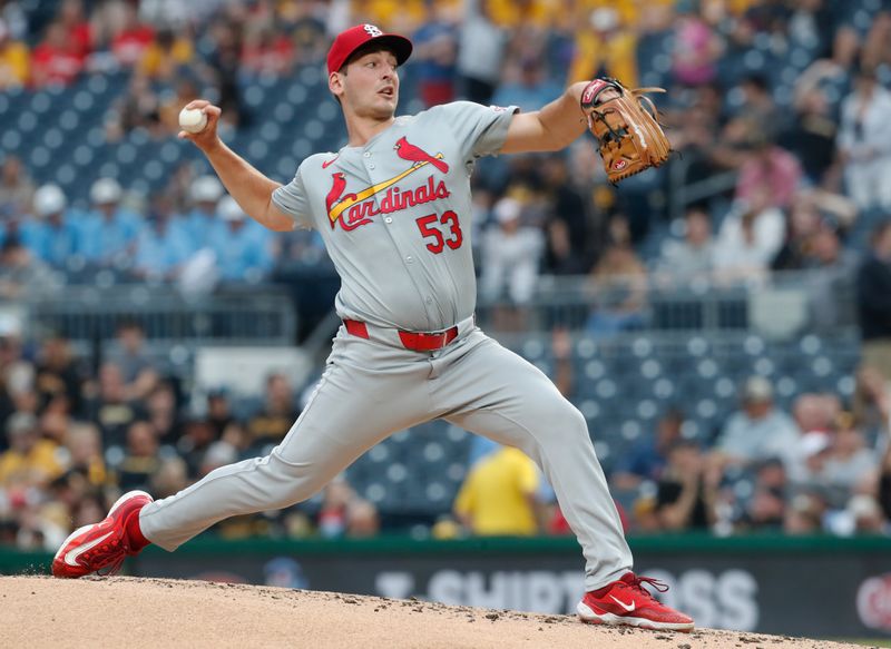 Jul 22, 2024; Pittsburgh, Pennsylvania, USA;  St. Louis Cardinals starting pitcher Andre Pallante (53) pitches against the Pittsburgh Pirates during the second inning at PNC Park. Mandatory Credit: Charles LeClaire-USA TODAY Sports