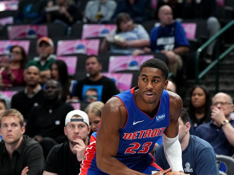 DALLAS, TX - OCTOBER 20: Jaden Ivey #23 of the Detroit Pistons handles the ball during the game against the Dallas Mavericks on October 20, 2023 at the American Airlines Center in Dallas, Texas. NOTE TO USER: User expressly acknowledges and agrees that, by downloading and or using this photograph, User is consenting to the terms and conditions of the Getty Images License Agreement. Mandatory Copyright Notice: Copyright 2023 NBAE (Photo by Glenn James/NBAE via Getty Images)