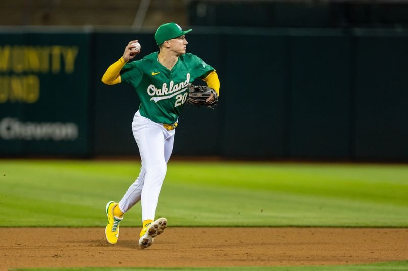 Sep 20, 2024; Oakland, California, USA; Oakland Athletics second baseman Zack Gelof (20) throws to first for an out during the fifth inning against the New York Yankees at Oakland-Alameda County Coliseum. Mandatory Credit: Bob Kupbens-Imagn Images
