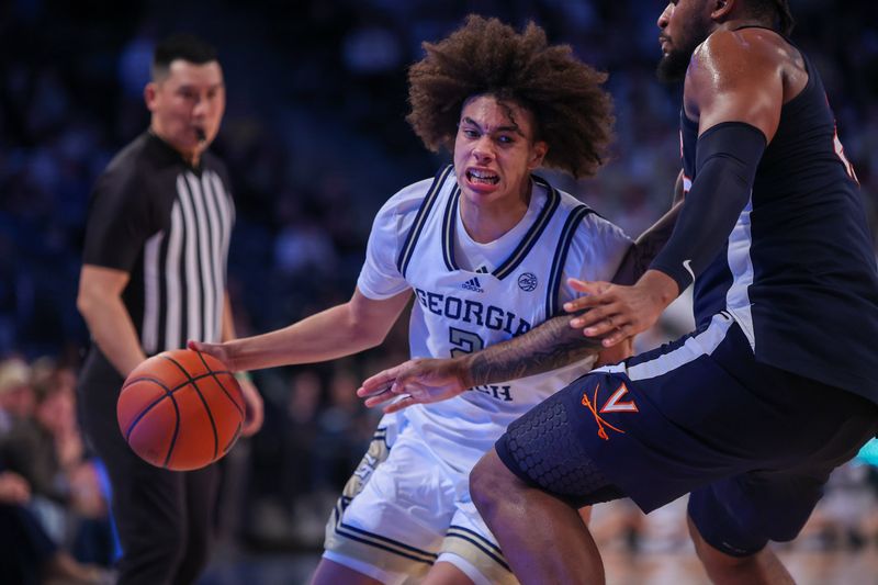 Jan 20, 2024; Atlanta, Georgia, USA; Georgia Tech Yellow Jackets guard Naithan George (2) dribbles against the Virginia Cavaliers in the second half at McCamish Pavilion. Mandatory Credit: Brett Davis-USA TODAY Sports
