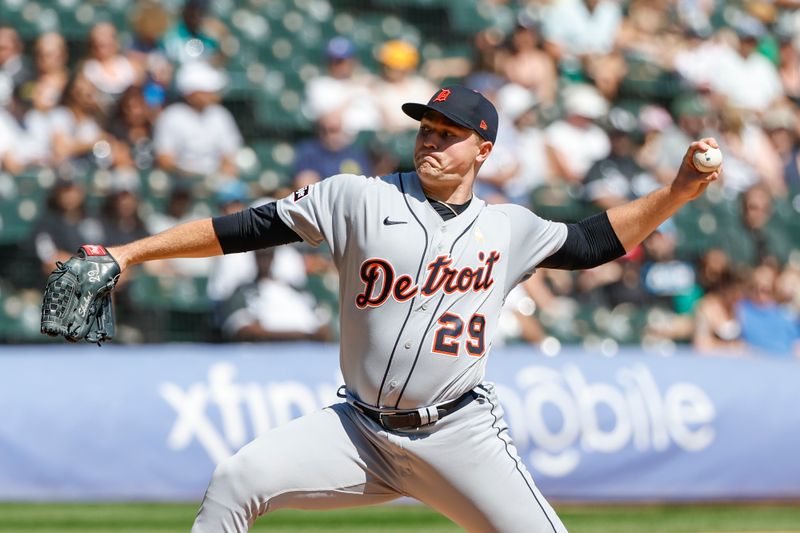 Sep 3, 2023; Chicago, Illinois, USA; Detroit Tigers starting pitcher Tarik Skubal (29) delivers a pitch against the Chicago White Sox during the first inning at Guaranteed Rate Field. Mandatory Credit: Kamil Krzaczynski-USA TODAY Sports