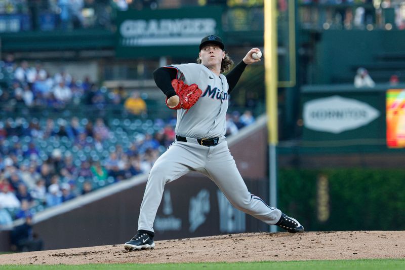 May 14, 2025; Chicago, Illinois, USA; Miami Marlins starting pitcher Ryan Weathers (35) delivers a pitch against the Chicago Cubs during the first inning at Wrigley Field. Mandatory Credit: Kamil Krzaczynski-Imagn Images