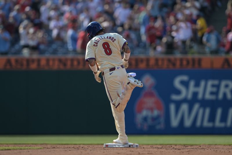 Jun 22, 2024; Philadelphia, Pennsylvania, USA;  Philadelphia Phillies outfielder Nick Castellanos (8) rounds the bases after hitting a 2 run home run in the fifth inning against the Arizona Diamondbacks at Citizens Bank Park. The Phillies won 12-1. Mandatory Credit: John Geliebter-USA TODAY Sports