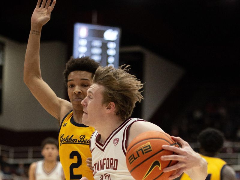 Jan 28, 2023; Stanford, California, USA; Stanford Cardinal guard Michael Jones (13) tries to get past California Golden Bears forward Monty Bowser (2) during the first half at Maples Pavilion. Mandatory Credit: D. Ross Cameron-USA TODAY Sports