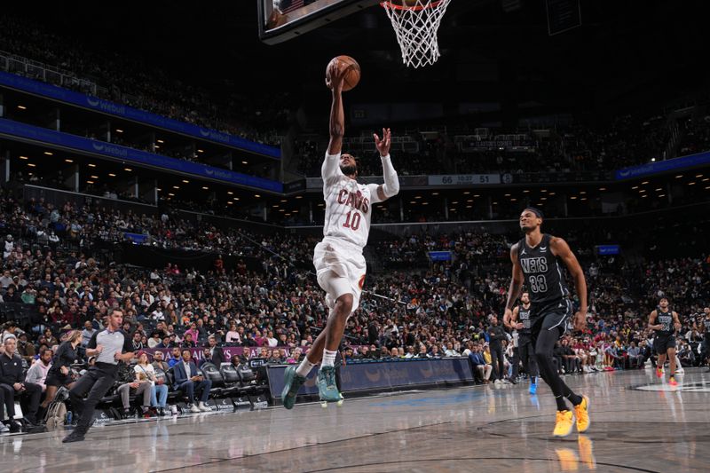 BROOKLYN, NY - FEBRUARY 8: Darius Garland #10 of the Cleveland Cavaliers drives to the basket during the game against the Brooklyn Nets on February 8, 2024 at Barclays Center in Brooklyn, New York. NOTE TO USER: User expressly acknowledges and agrees that, by downloading and or using this Photograph, user is consenting to the terms and conditions of the Getty Images License Agreement. Mandatory Copyright Notice: Copyright 2024 NBAE (Photo by Jesse D. Garrabrant/NBAE via Getty Images)