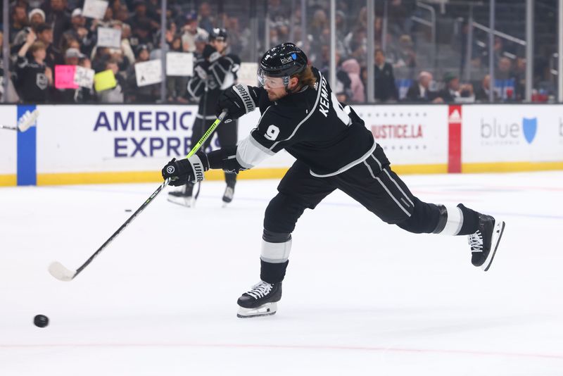 Dec 23, 2023; Los Angeles, California, USA; Los Angeles Kings right wing Adrian Kempe (9) warms up before a game against the Calgary Flames at Crypto.com Arena. Mandatory Credit: Jessica Alcheh-USA TODAY Sports