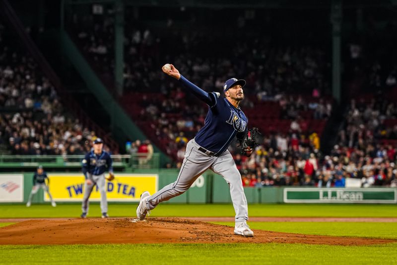 Sep 26, 2023; Boston, Massachusetts, USA; Tampa Bay Rays starting pitcher Zach Eflin (24) throws a pitch against the Boston Red Sox in the first inning at Fenway Park. Mandatory Credit: David Butler II-USA TODAY Sports