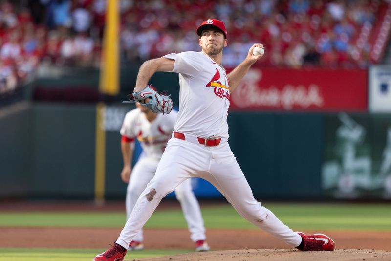 Jun 26, 2024; St. Louis, Missouri, USA; St. Louis Cardinals pitcher Matthew Liberatore (52) pitches against the Atlanta Braves in the first inning at Busch Stadium. Mandatory Credit: Zach Dalin-USA TODAY Sports