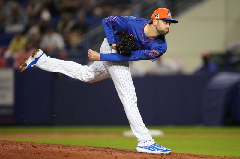 Mar 3, 2025; Port St. Lucie, Florida, USA;  New York Mets pitcher David Peterson (23) pitches in the fourth inning against the Miami Marlins at Clover Park. Mandatory Credit: Jim Rassol-Imagn Images