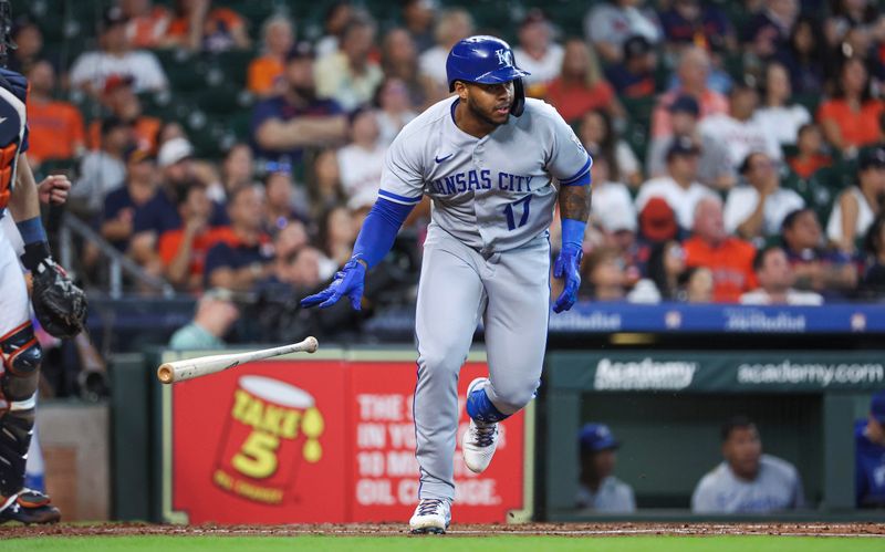 Sep 24, 2023; Houston, Texas, USA; Kansas City Royals right fielder Nelson Velazquez (17) hits a home run during the second inning against the Houston Astros at Minute Maid Park. Mandatory Credit: Troy Taormina-USA TODAY Sports