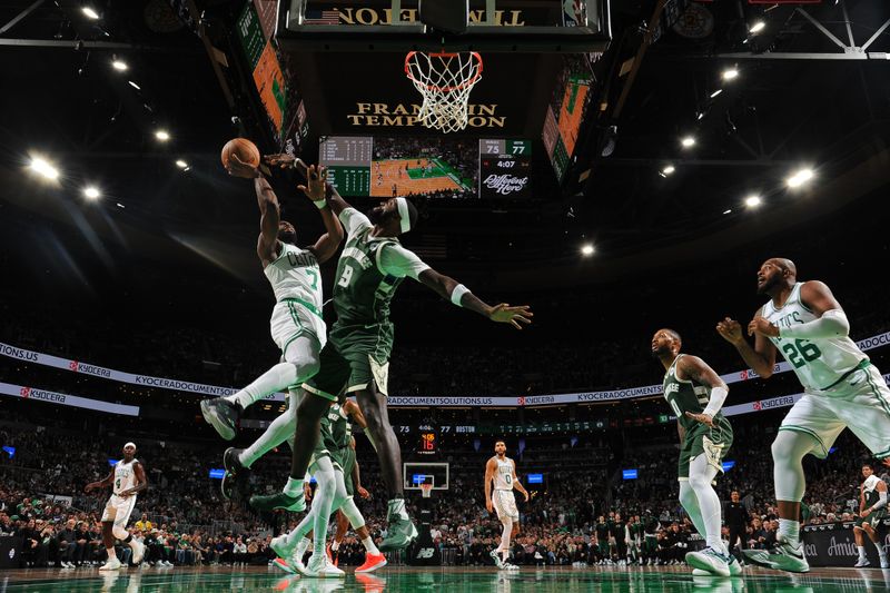 BOSTON, MA - OCTOBER 28: Jaylen Brown #7 of the Boston Celtics shoots the ball during the game against the Milwaukee Bucks on October 28, 2024 at TD Garden in Boston, Massachusetts. NOTE TO USER: User expressly acknowledges and agrees that, by downloading and/or using this Photograph, user is consenting to the terms and conditions of the Getty Images License Agreement. Mandatory Copyright Notice: Copyright 2024 NBAE (Photo by Brian Babineau/NBAE via Getty Images)