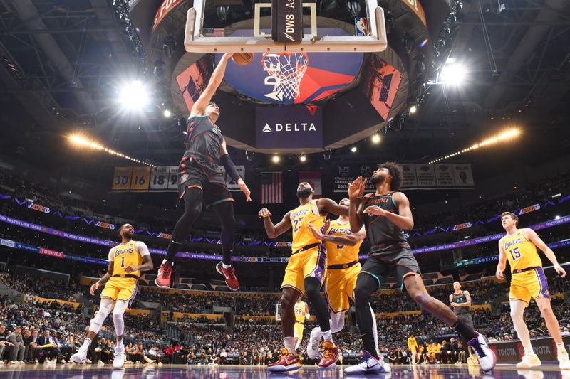 LOS ANGELES, CA - FEBRUARY 29: Deni Avdija #8 of the Washington Wizards dunks the ball during the game against the Los Angeles Lakers on February 29, 2024 at Crypto.Com Arena in Los Angeles, California. NOTE TO USER: User expressly acknowledges and agrees that, by downloading and/or using this Photograph, user is consenting to the terms and conditions of the Getty Images License Agreement. Mandatory Copyright Notice: Copyright 2024 NBAE (Photo by Andrew D. Bernstein/NBAE via Getty Images)